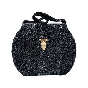 Vintage 1950's Wilshire Original Black Glass-Beaded Box Evening Bag w/ Mirror
